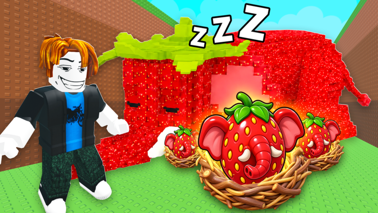 A Roblox player near strawberry elephant Brainrots and eggs in nests, from the game’s official promotional artwork